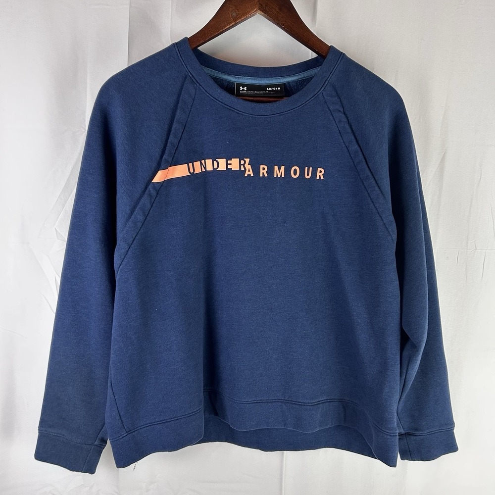 Under Armour Sweatshirt Womens Size Large Blue Crew Logo Fleece‎ Loose fit